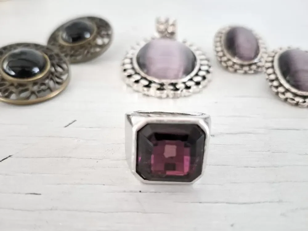 Vintage Silver-tone and Purple Stone Jewelry Lot